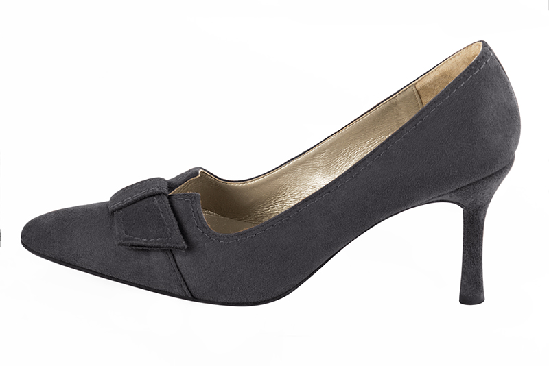 Dark grey women's dress pumps, with a knot on the front. Tapered toe. High slim heel. Profile view - Florence KOOIJMAN